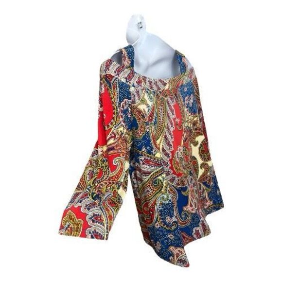 Chico’s Blue Multicolor Paisley Blouse Size 3 (XL/16) Cold-Shoulder Stretch - Picture 7 of 14